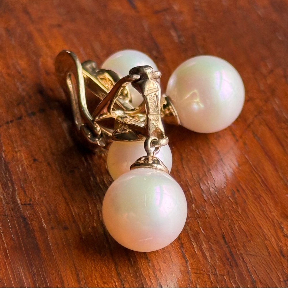 Majorica Pearl & Yellow Gold over Sterling Silver Dangle Drop Clip On Earrings - Picture 10 of 15